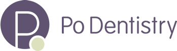 The image displays a logo with text that reads  PO DENTISTRY  and includes a purple graphic element, which appears to be a stylized letter  P  within a square, set against a light grey background.