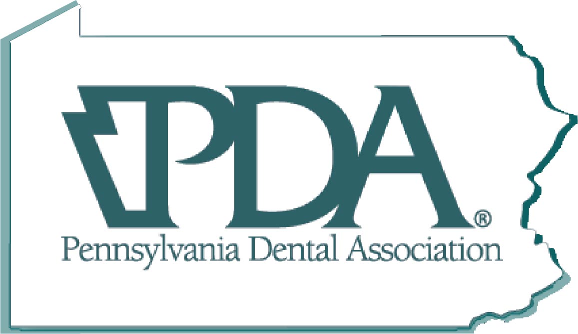 The image shows a logo with text that reads 'PENNSYLVANIA DENTAL ASSOCIATION' and 'PDA,' along with a state outline graphic, suggesting an affiliation with dental services in Pennsylvania.